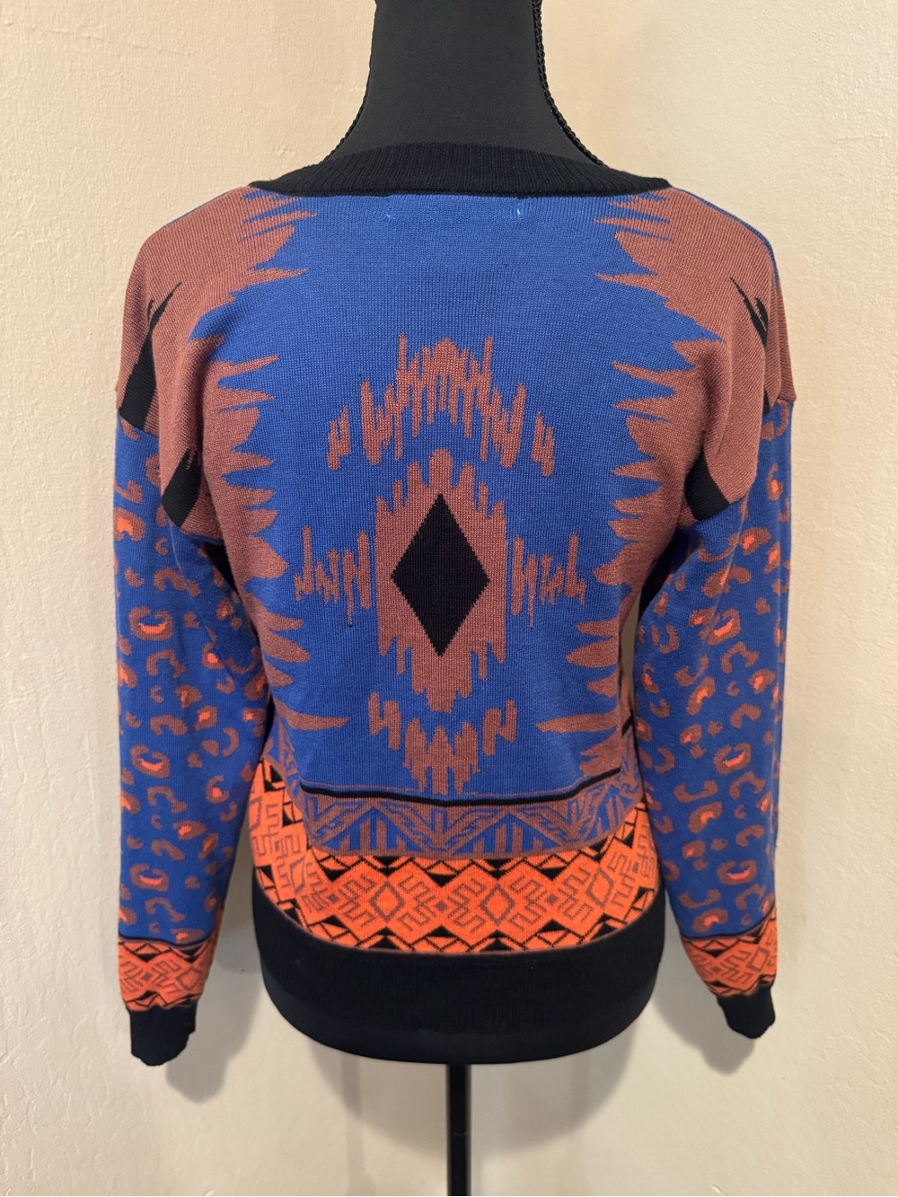 Bold Flying Tomato Southwestern  Blue, Orange & Black Crewneck Sweater - Picture 3 of 7